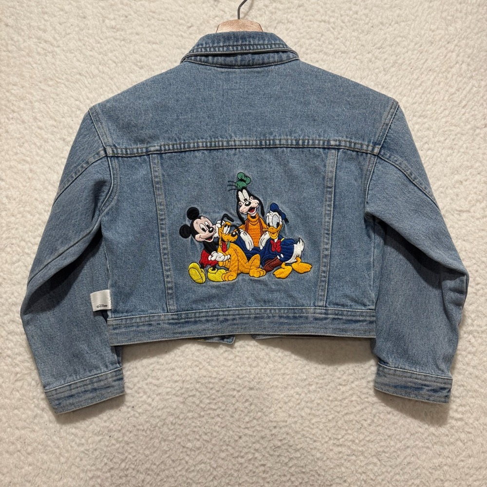 Vintage Disney Mickey Kids Sz L Blue Denim Light Wash Jacket Donald Goofie Pluto